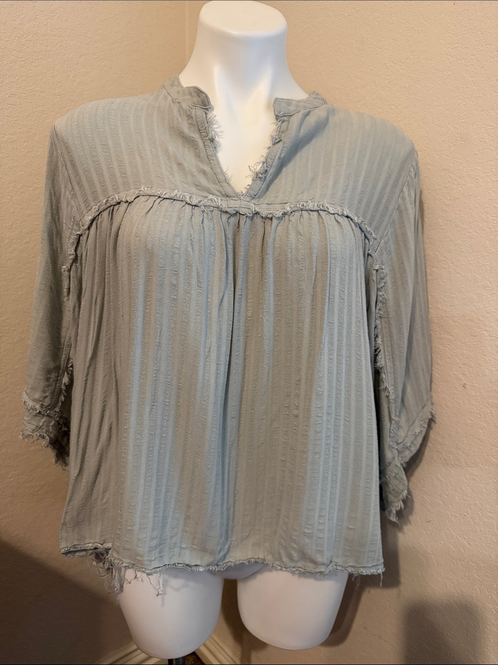 Light Green Washed Textured Peasant/Boho Top with Fray Detailing - XL